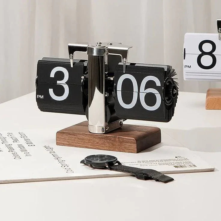 Retro flip desk clock - Wooden Base - Clarify.pk