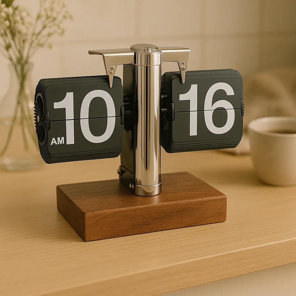 Retro flip desk clock - Wooden Base - Clarify.pk
