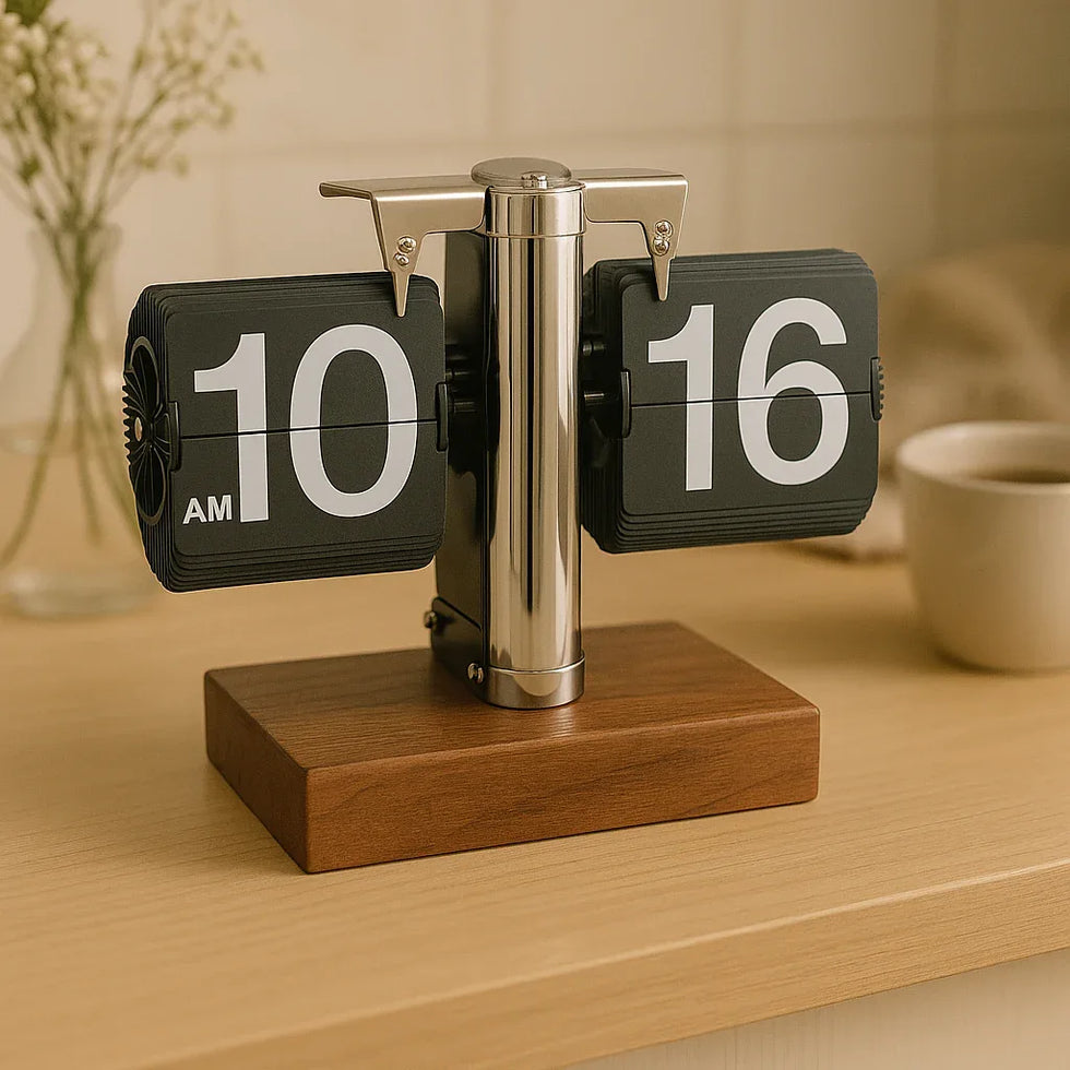 Retro flip desk clock - Wooden Base - Clarify.pk