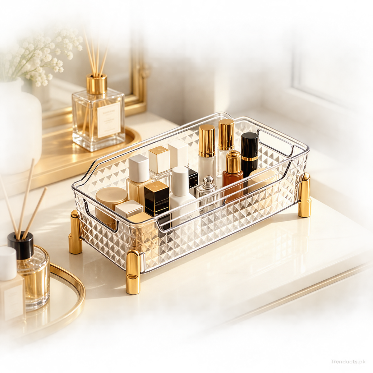 Transparent Vanity Organizer Tray with Gold Feet