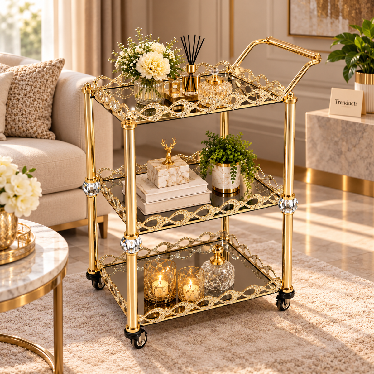 Luxury Rectangular 3-Tier Serving Trolley for Home