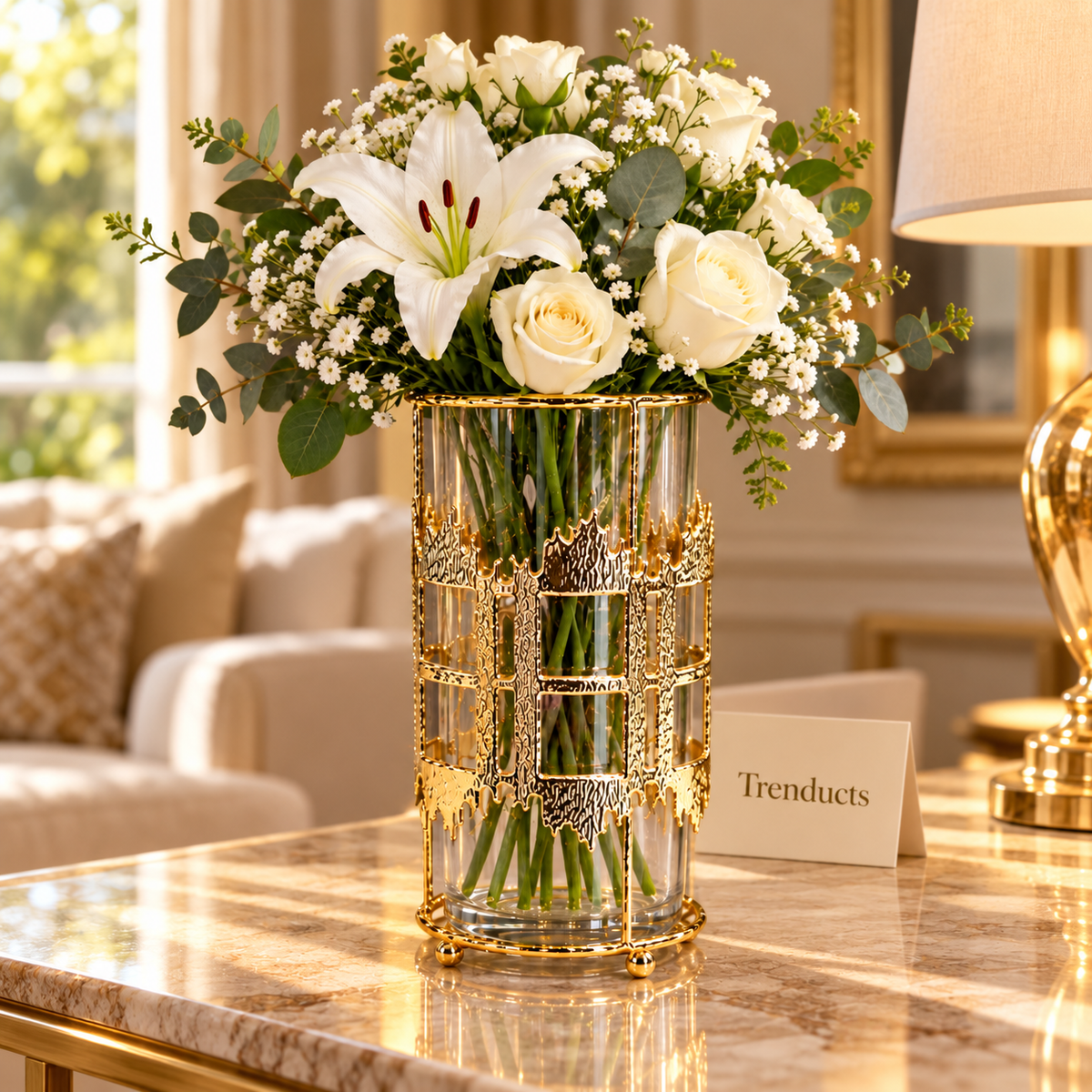 Crystal Cut Golden Glass Flower Vase for Home Decor