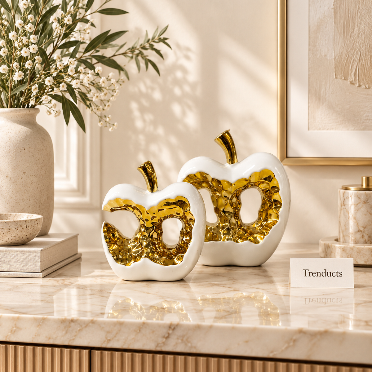 White & Gold Apple Ring Ceramic Sculpture