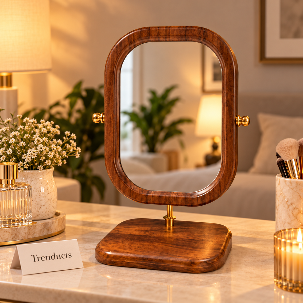Rounded Rectangle Wooden Table Mirror with Base