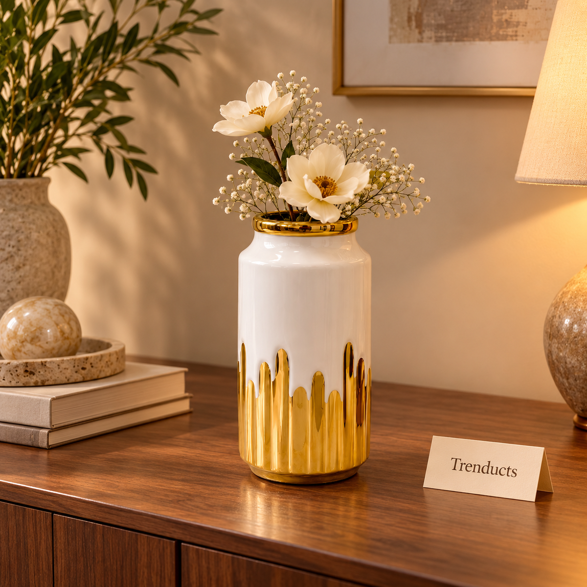 White Ceramic Vase with Gold Drip Finish
