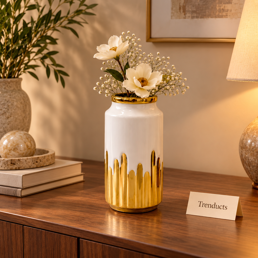 White Ceramic Vase with Gold Drip Finish