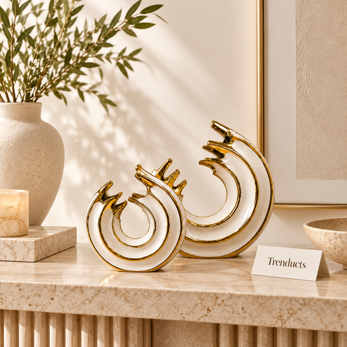 White & Gold Crown Ring Ceramic Sculpture