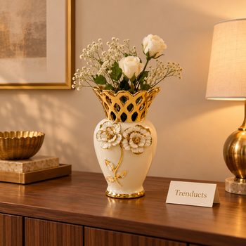 Trenducts luxury lifestyle view 2 of White & Gold Floral Cutwork Ceramic Vase