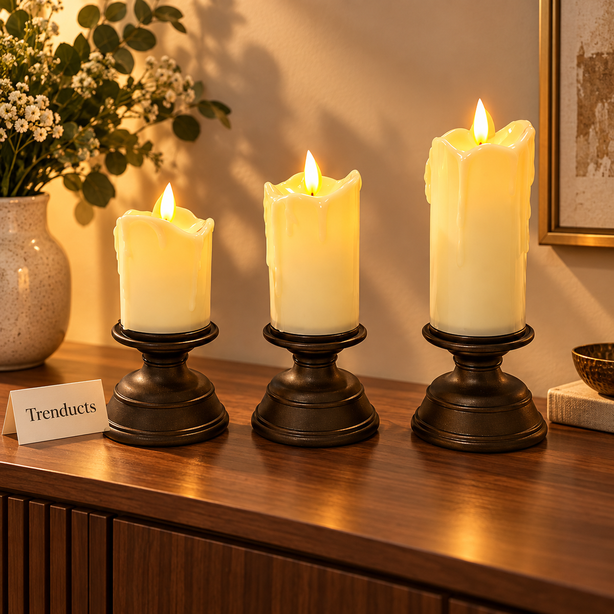 3-Piece Flameless LED Pillar Candle Set with Stands