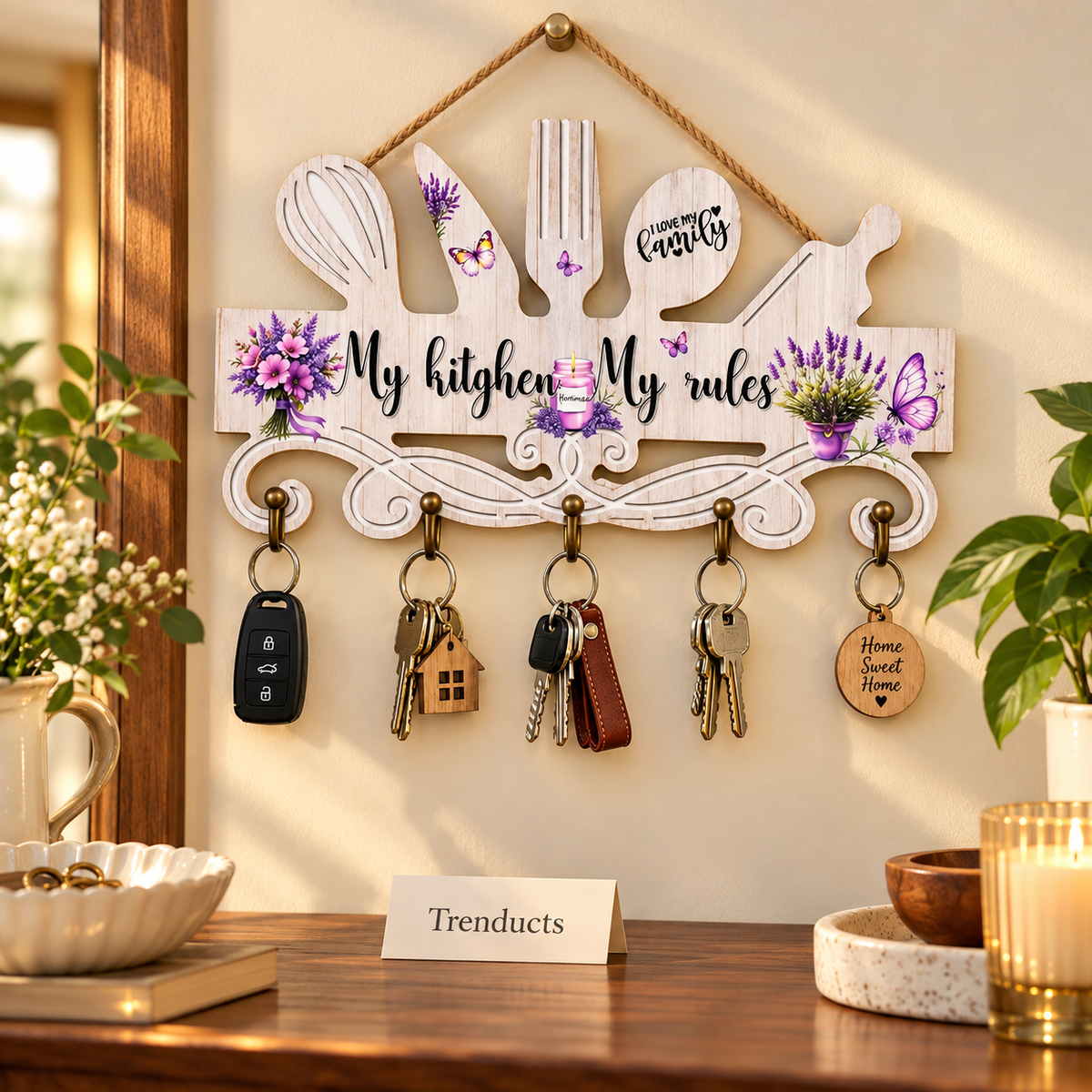 Floral Kitchen Wall Key Hanger with Hooks