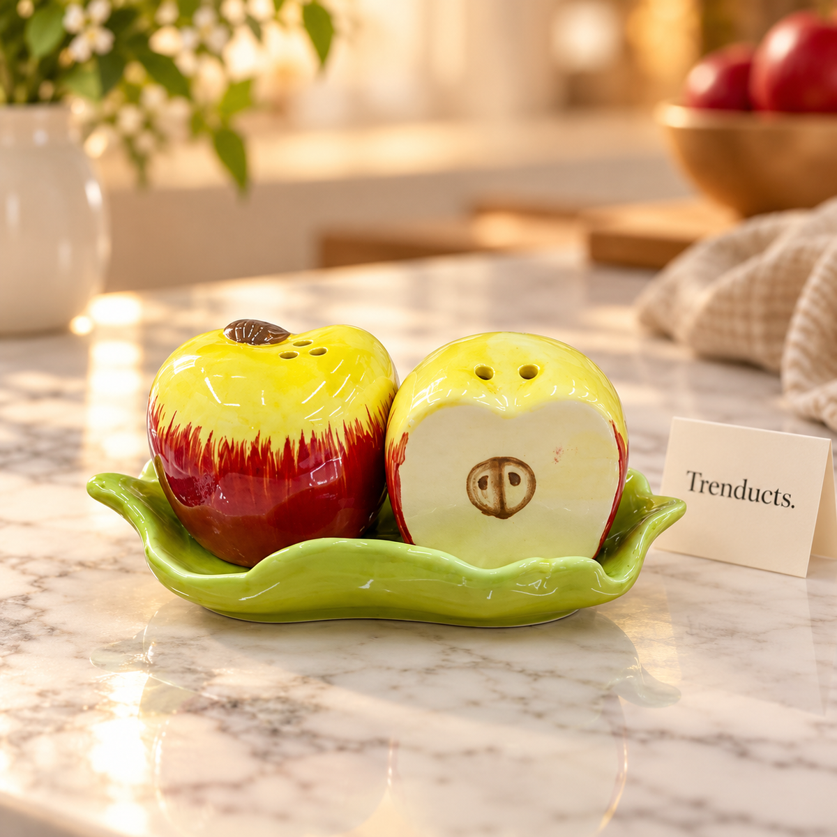 Apple Ceramic Salt & Pepper Shaker Set with Tray