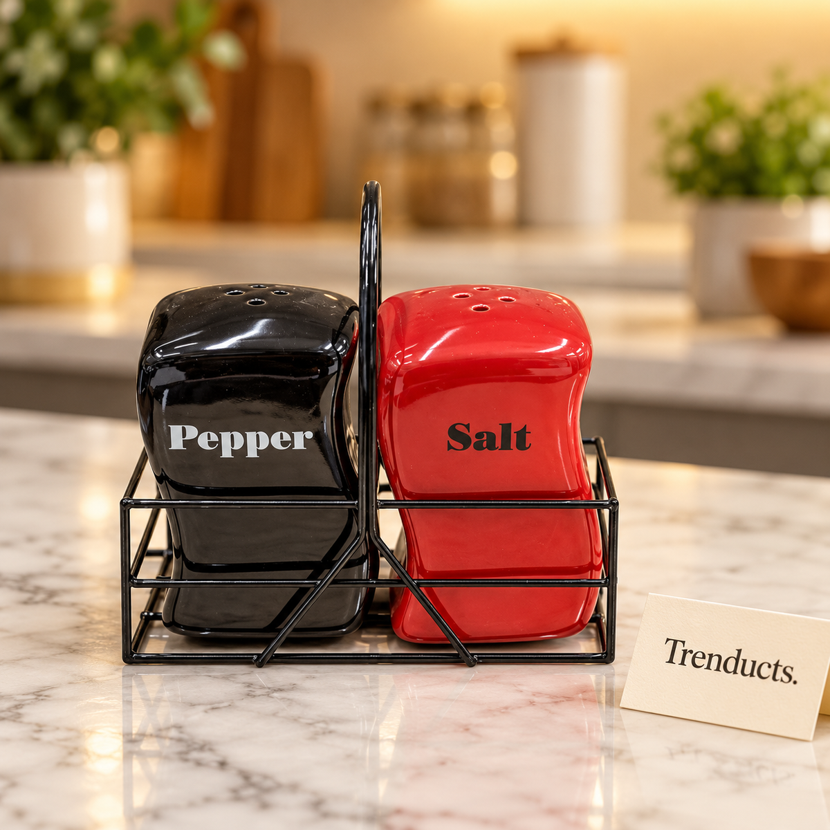 Black & Red Salt & Pepper Shakers with Stand