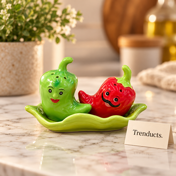 Chilli ceramic salt and pepper shakers with matching tray - Trenducts Pakistan