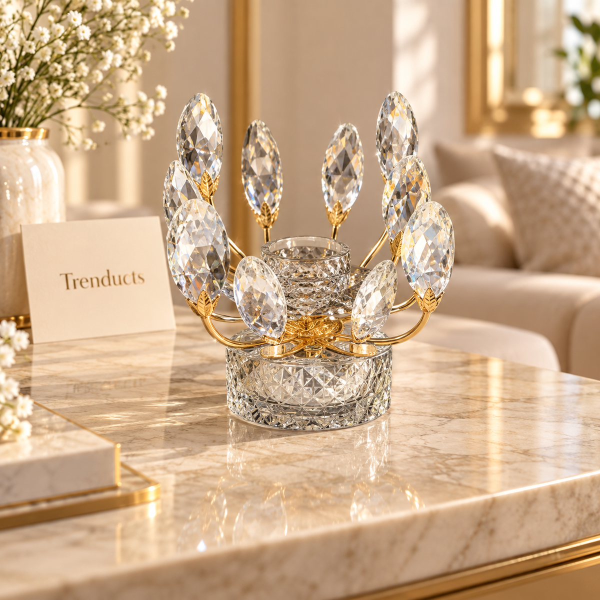 Crystal Leaf Candle Stand – Round Crystal Base