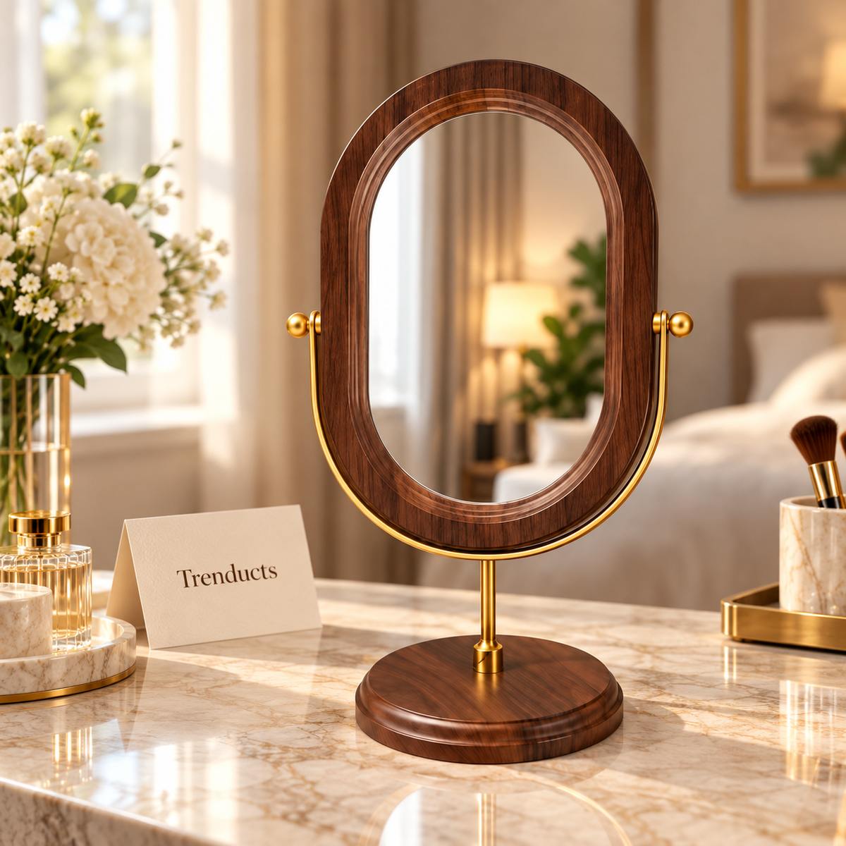 Dark Wood Oval Vanity Mirror with Stand