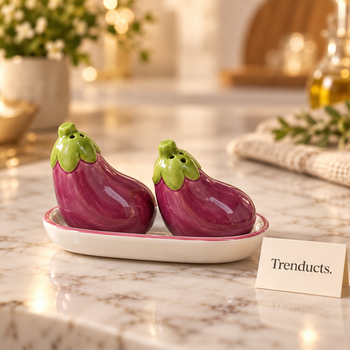 Eggplant ceramic salt and pepper shakers with matching tray - Trenducts Pakistan