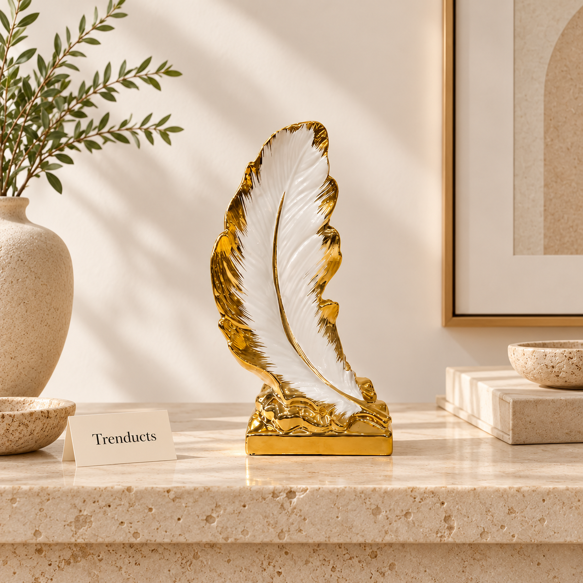 White & Gold Feather Ceramic Decor Sculpture