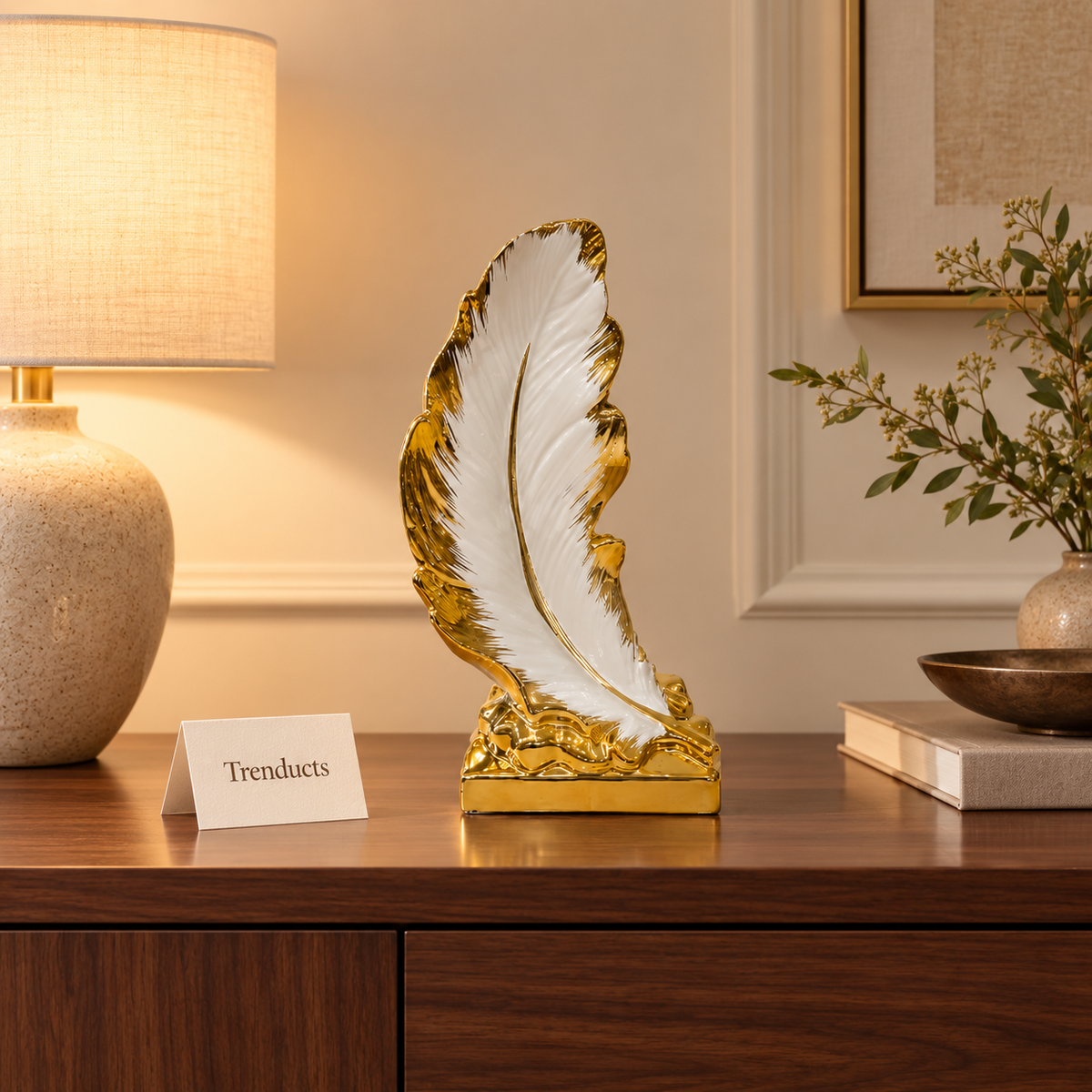 White & Gold Feather Ceramic Decor Sculpture