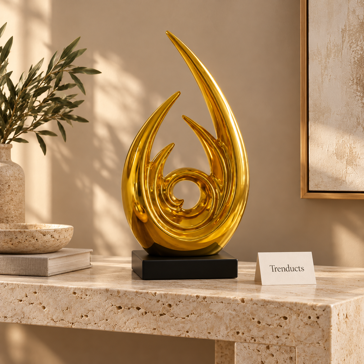 Gold Flame Spiral Sculpture with Black Base