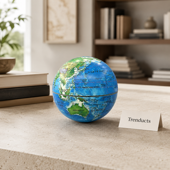 Small Blue Rotating World Globe – luxury hero view with Trenducts branding
