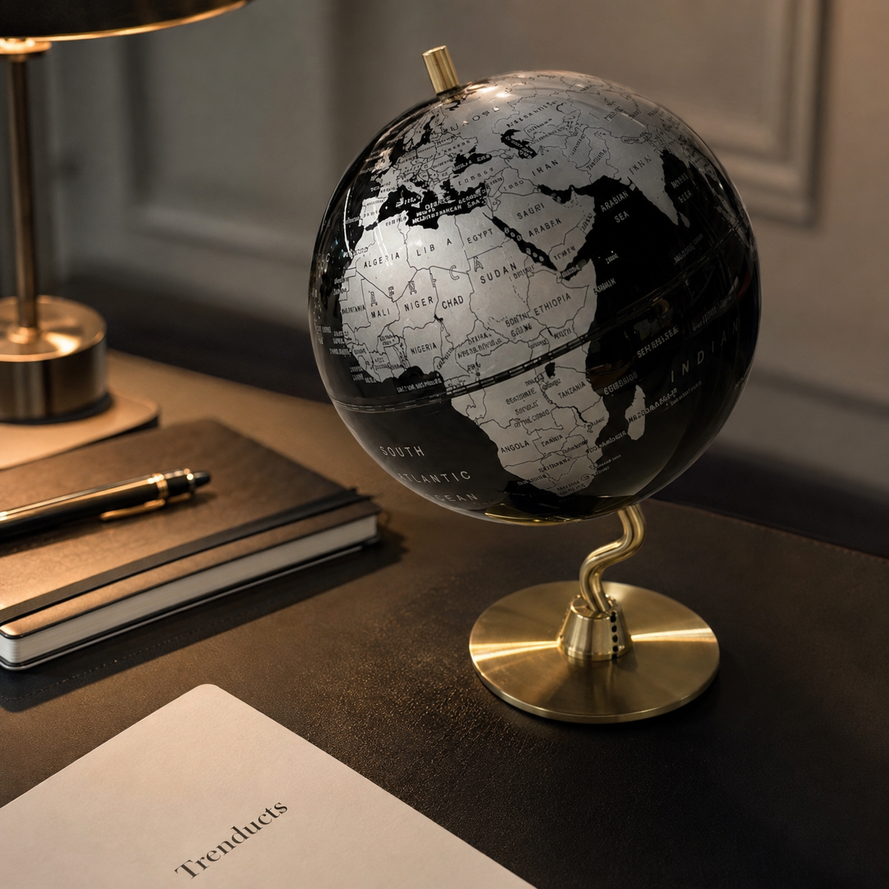 Black & Silver Globe with Curved Gold Base