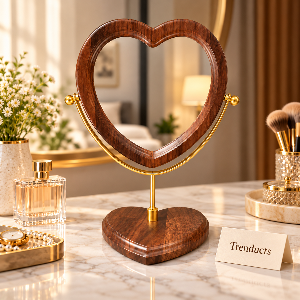 Heart-Shaped Wooden Table Mirror Stand