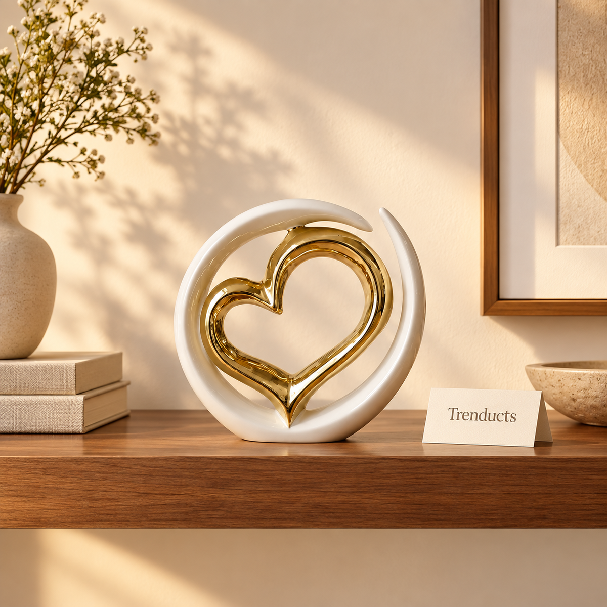 White & Gold Heart Ceramic Decor Sculpture