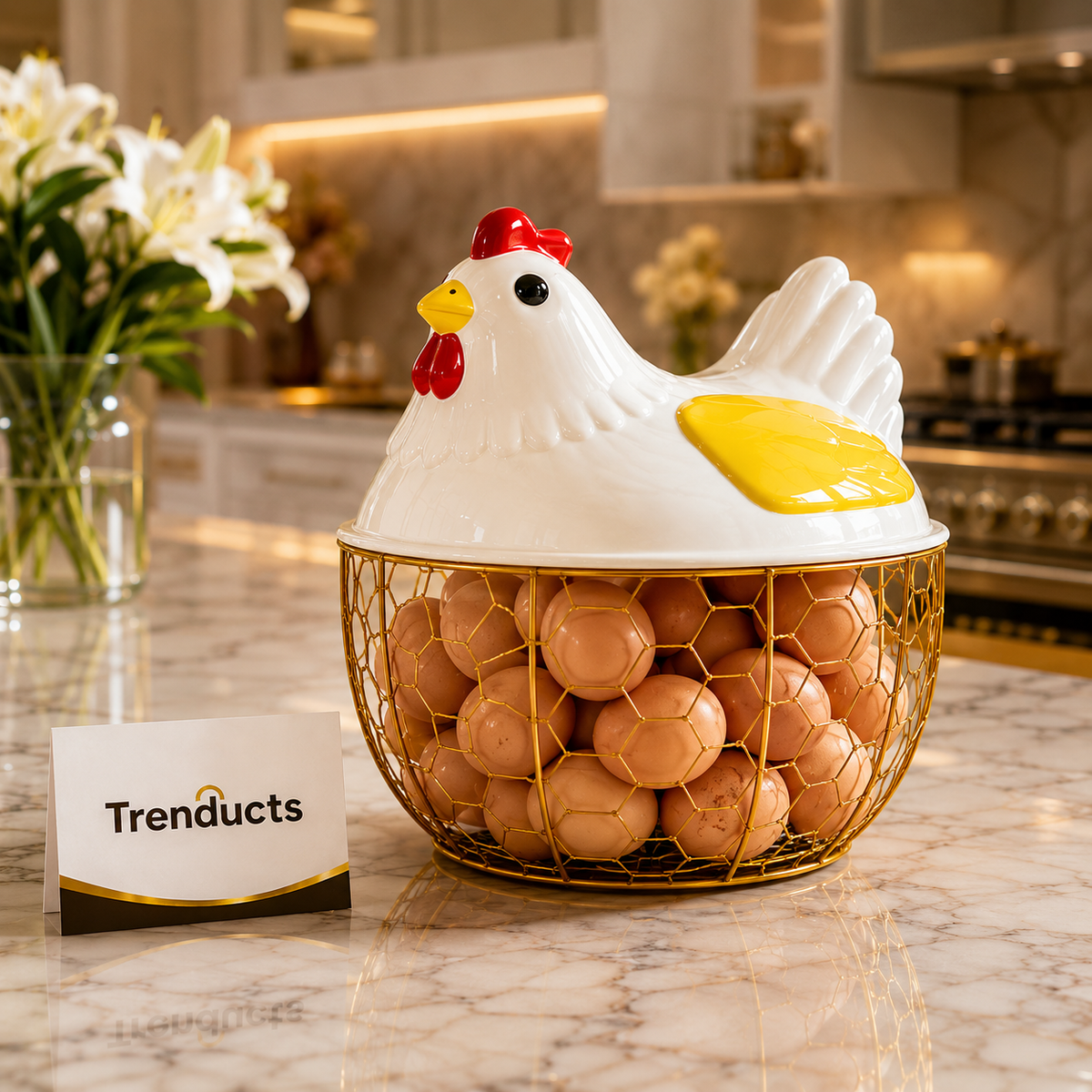 Hen Shaped Egg Basket with Lid - Large Capacity Chicken Egg Holder & Kitchen Storage