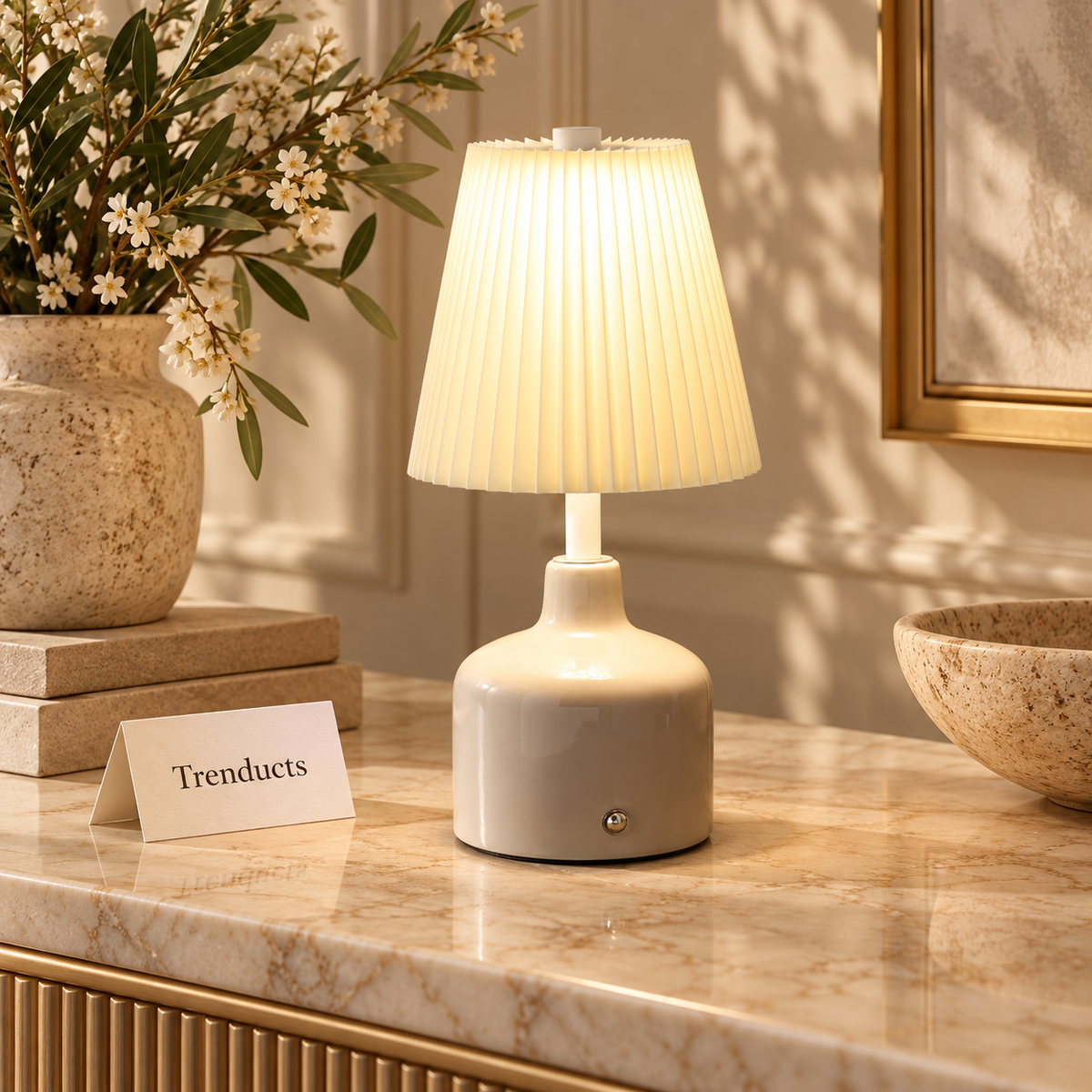 Aurora Pleated Ceramic Table Lamp with 3 Light Modes
