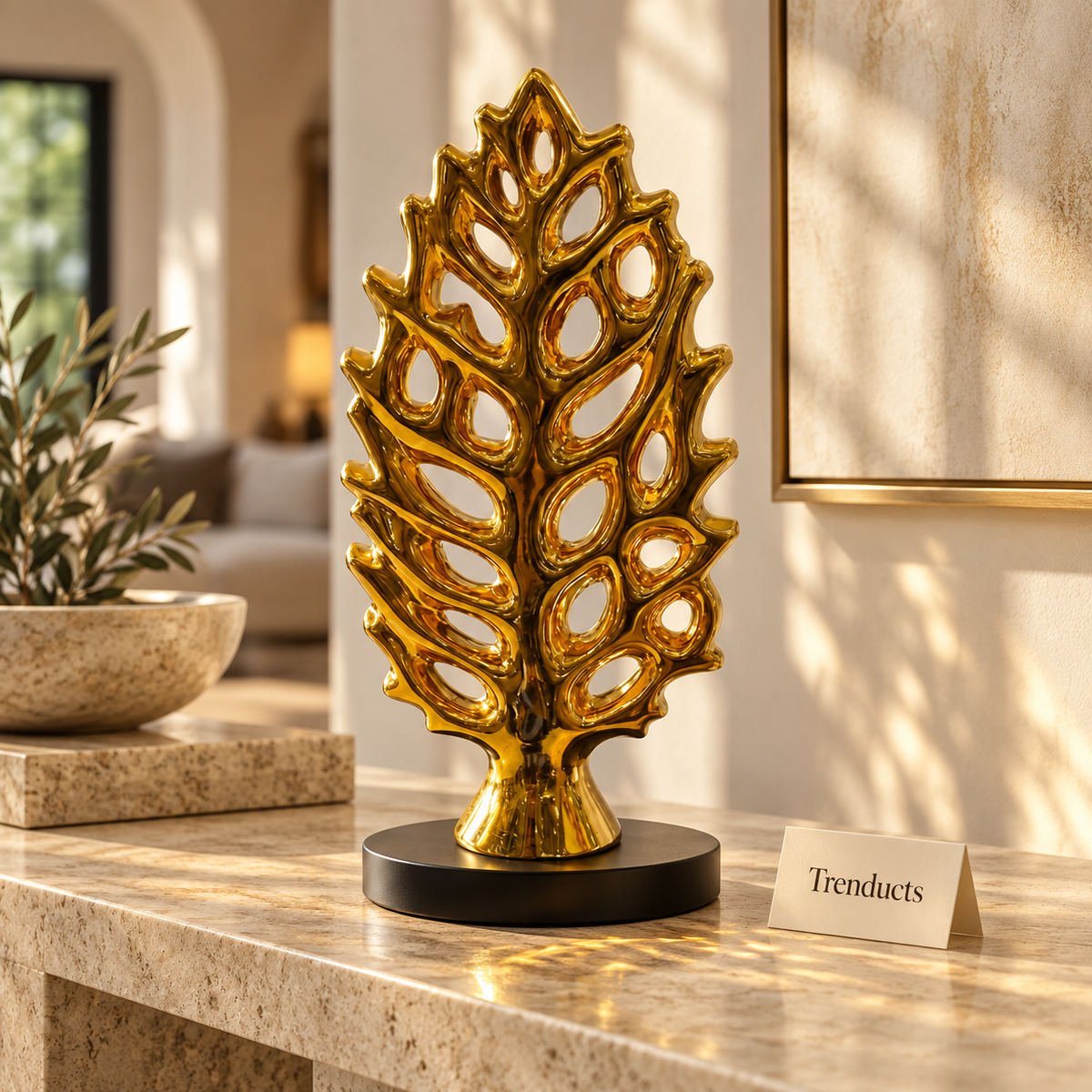 Gold Leaf Decorative Sculpture with Black Base