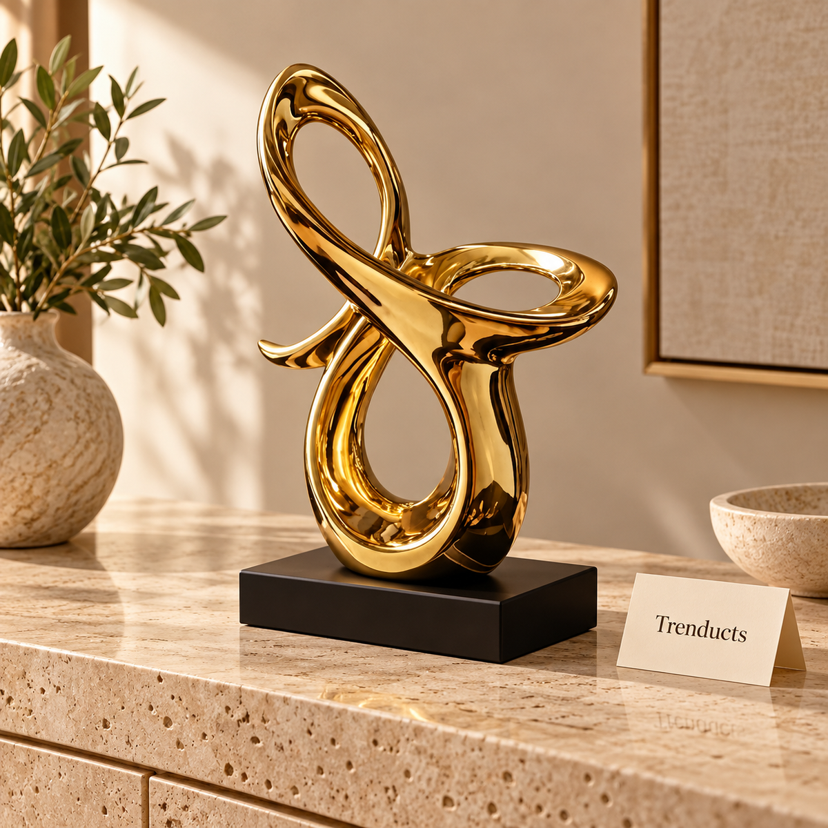 Gold Abstract Loop Sculpture with Black Base