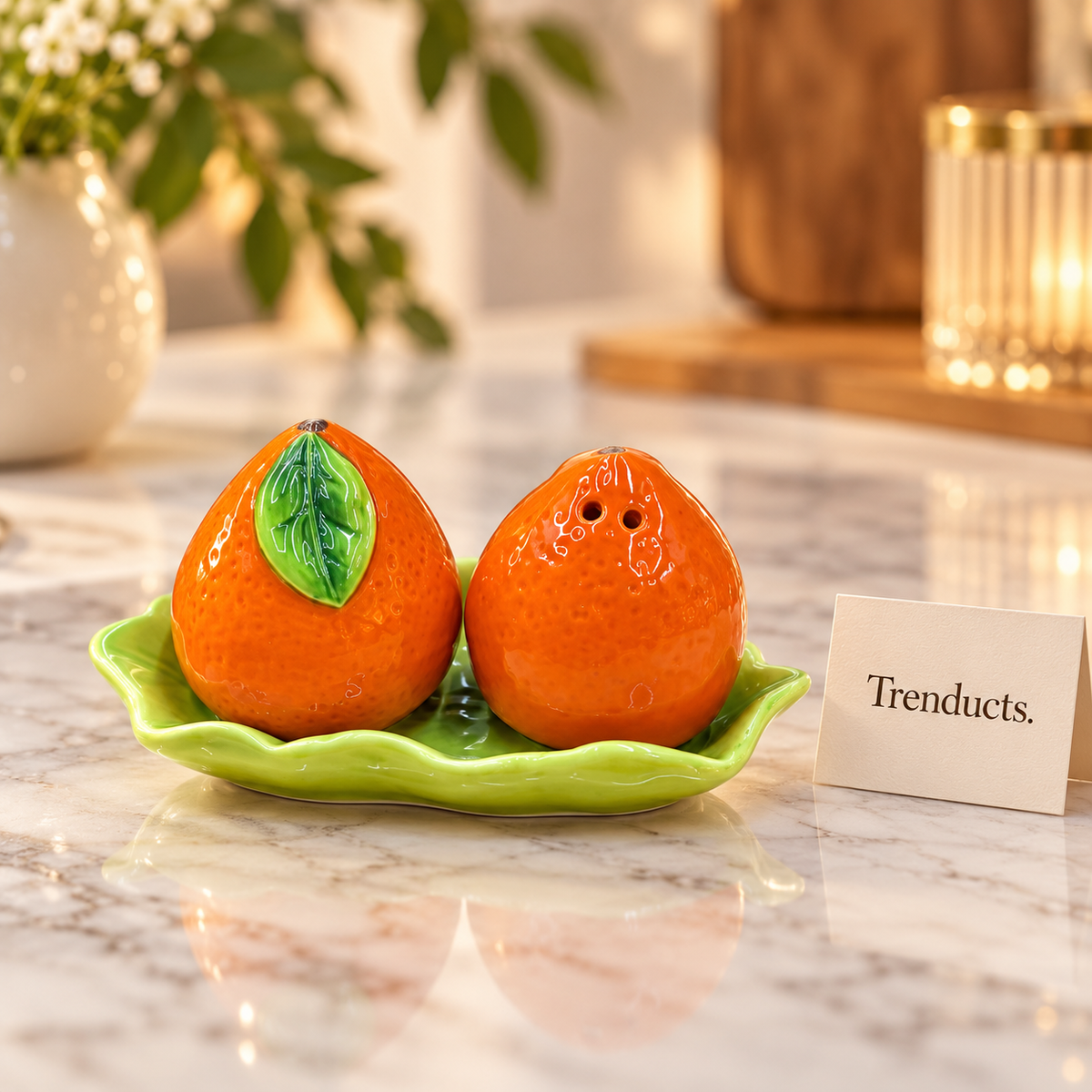Orange Ceramic Salt & Pepper Shaker Set with Tray