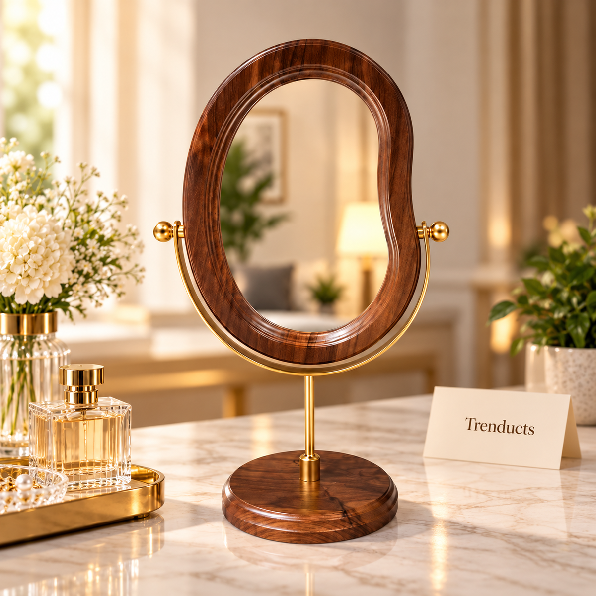 Oval Wooden Table Mirror with Pedestal Base
