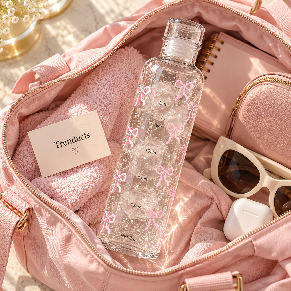 Pink Bow Glass Water Bottle with Time Markings