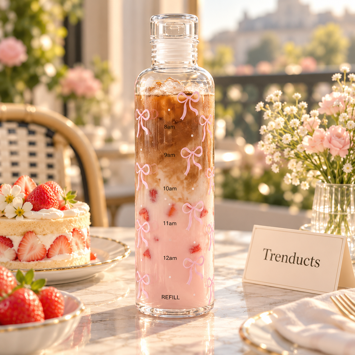 Pink Bow Glass Water Bottle with Time Markings