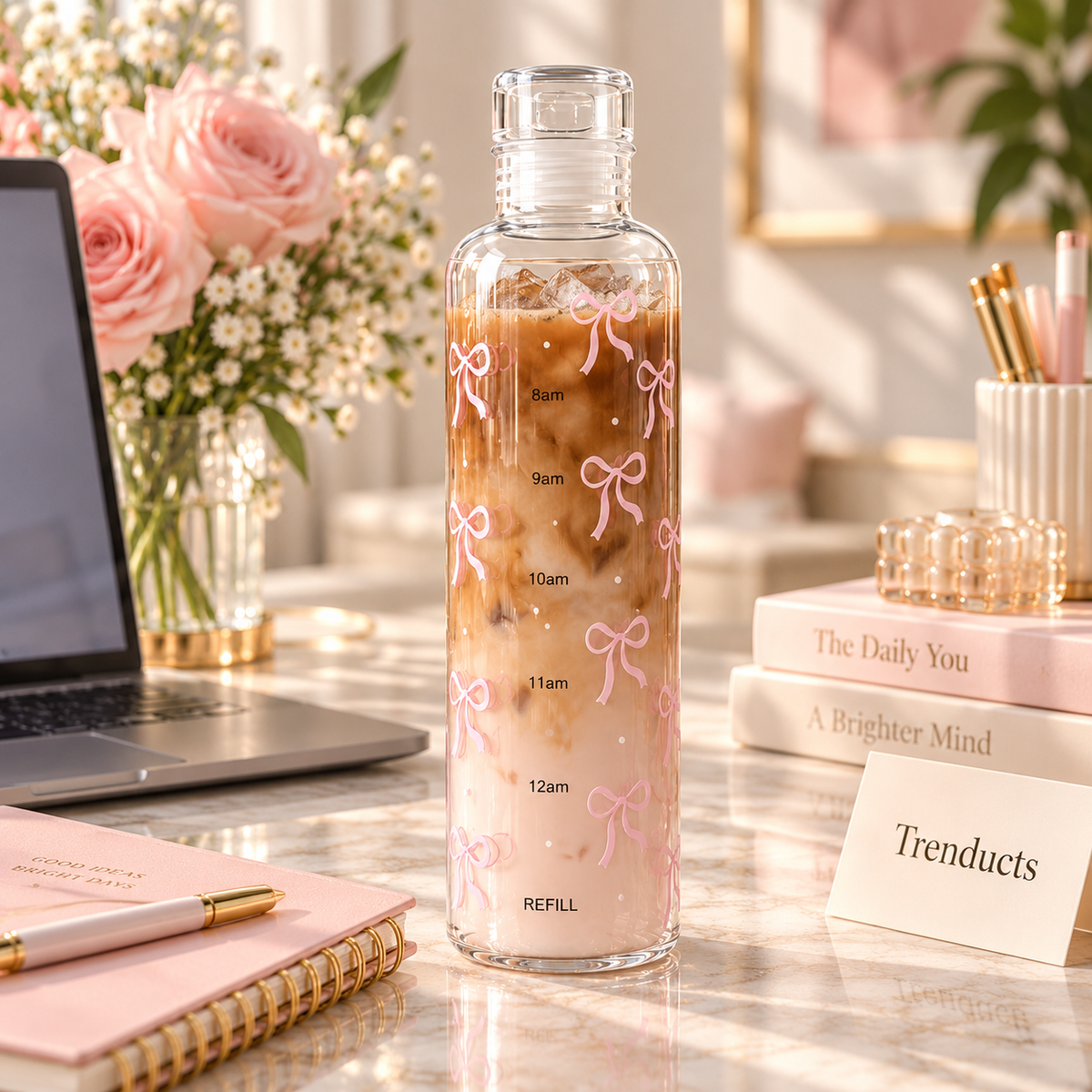 Pink Bow Glass Water Bottle with Time Markings