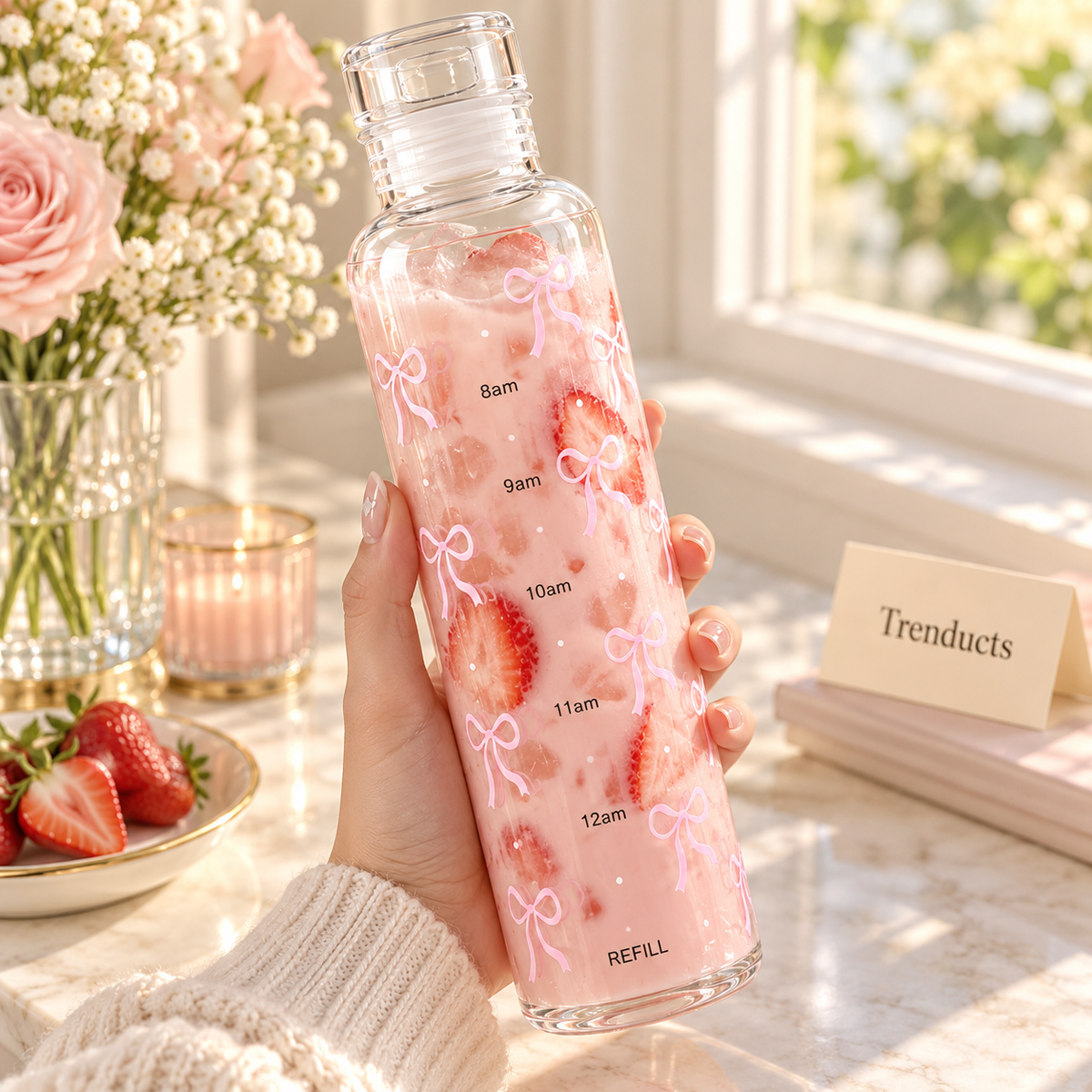 Pink Bow Glass Water Bottle with Time Markings