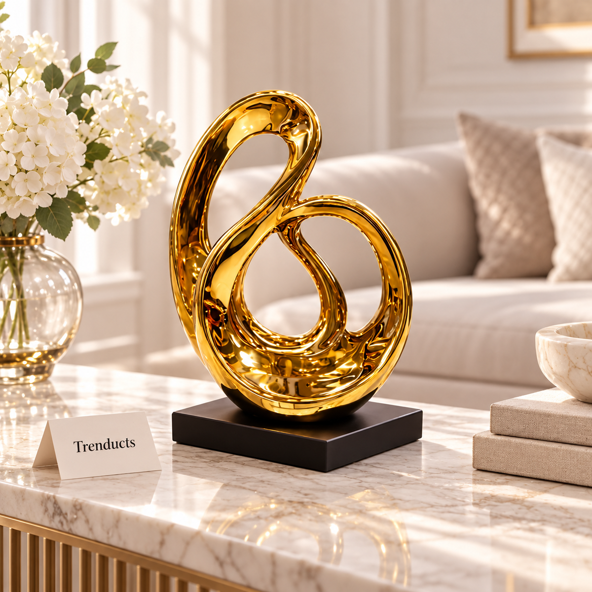 Gold Swan Loop Sculpture with Black Base