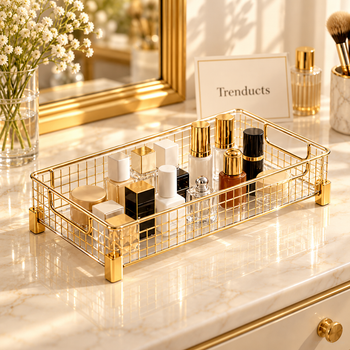 Transparent Vanity Organizer Tray with Gold Feet in a styled setting | Trenducts