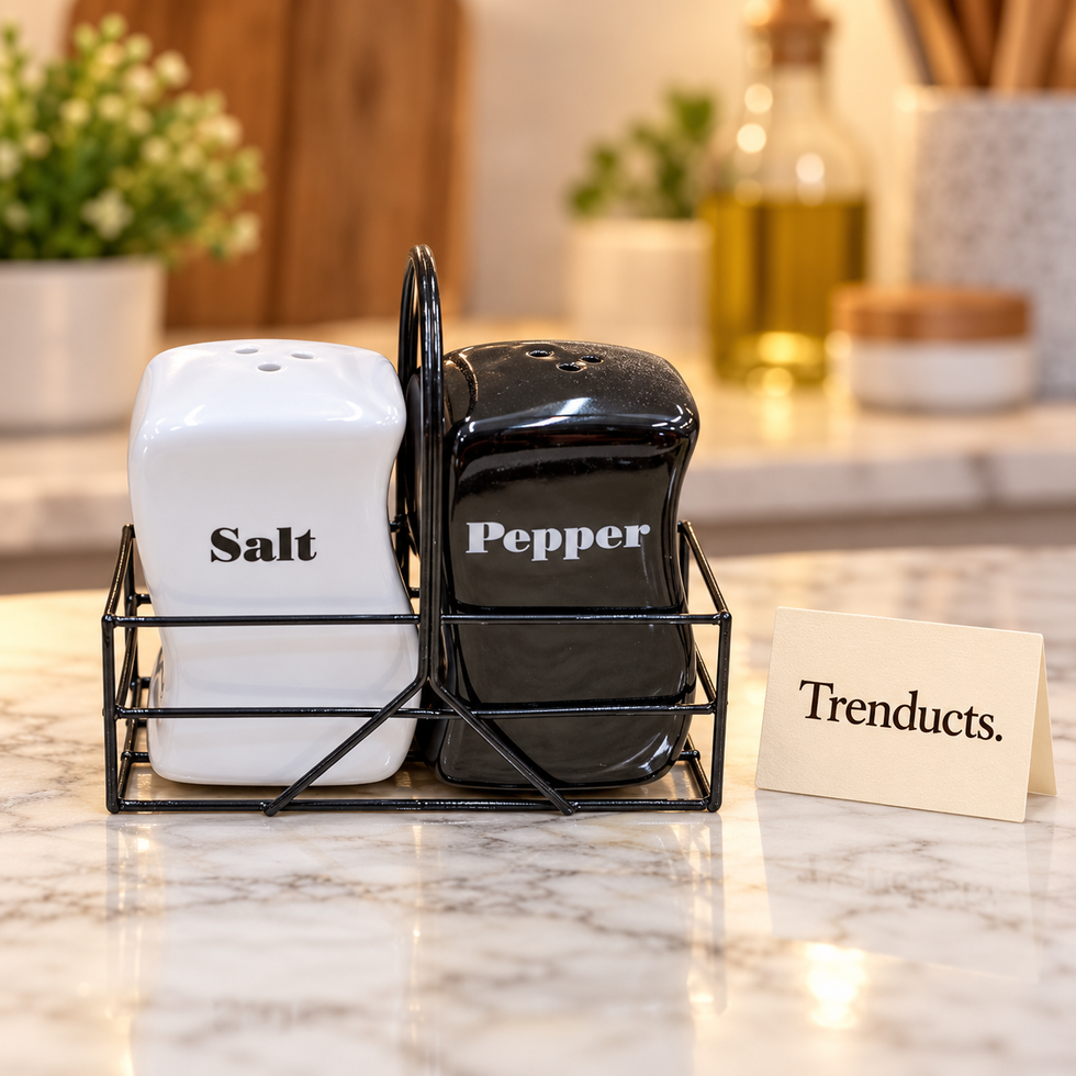 White & Black Salt & Pepper Shakers with Stand