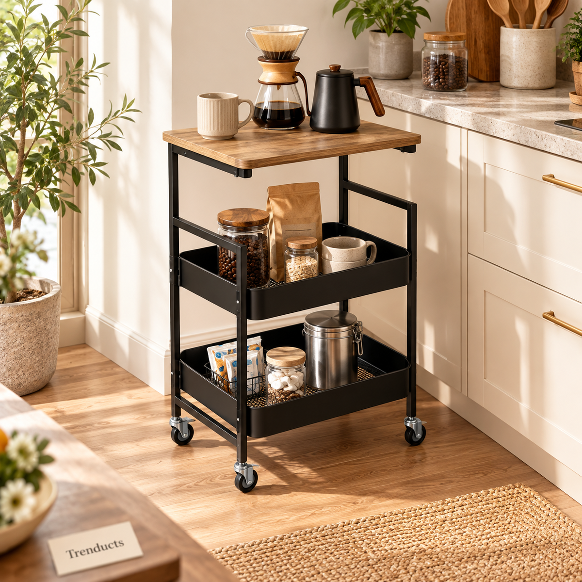 Premium 3-Layer Metal Utility Trolley with Wood Top