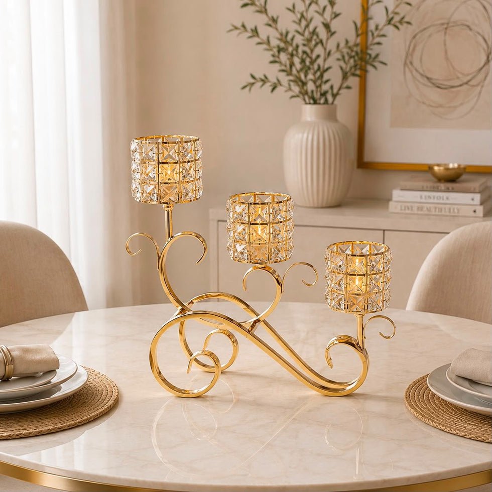 Triple Crystal-Style Candle Stand with Gold Scroll Base