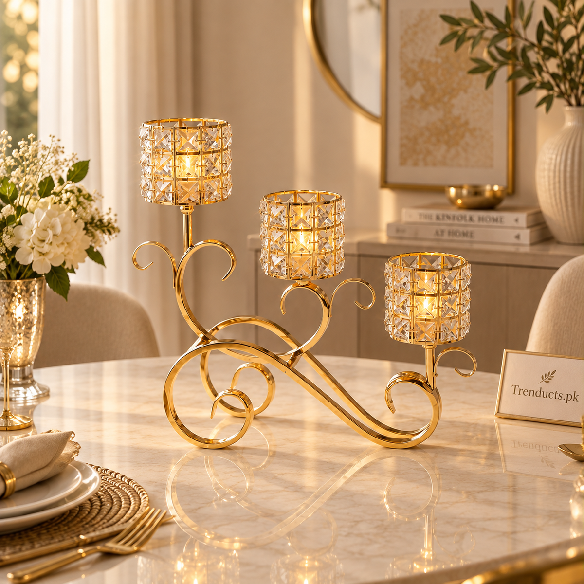 Triple Crystal-Style Candle Stand with Gold Scroll Base