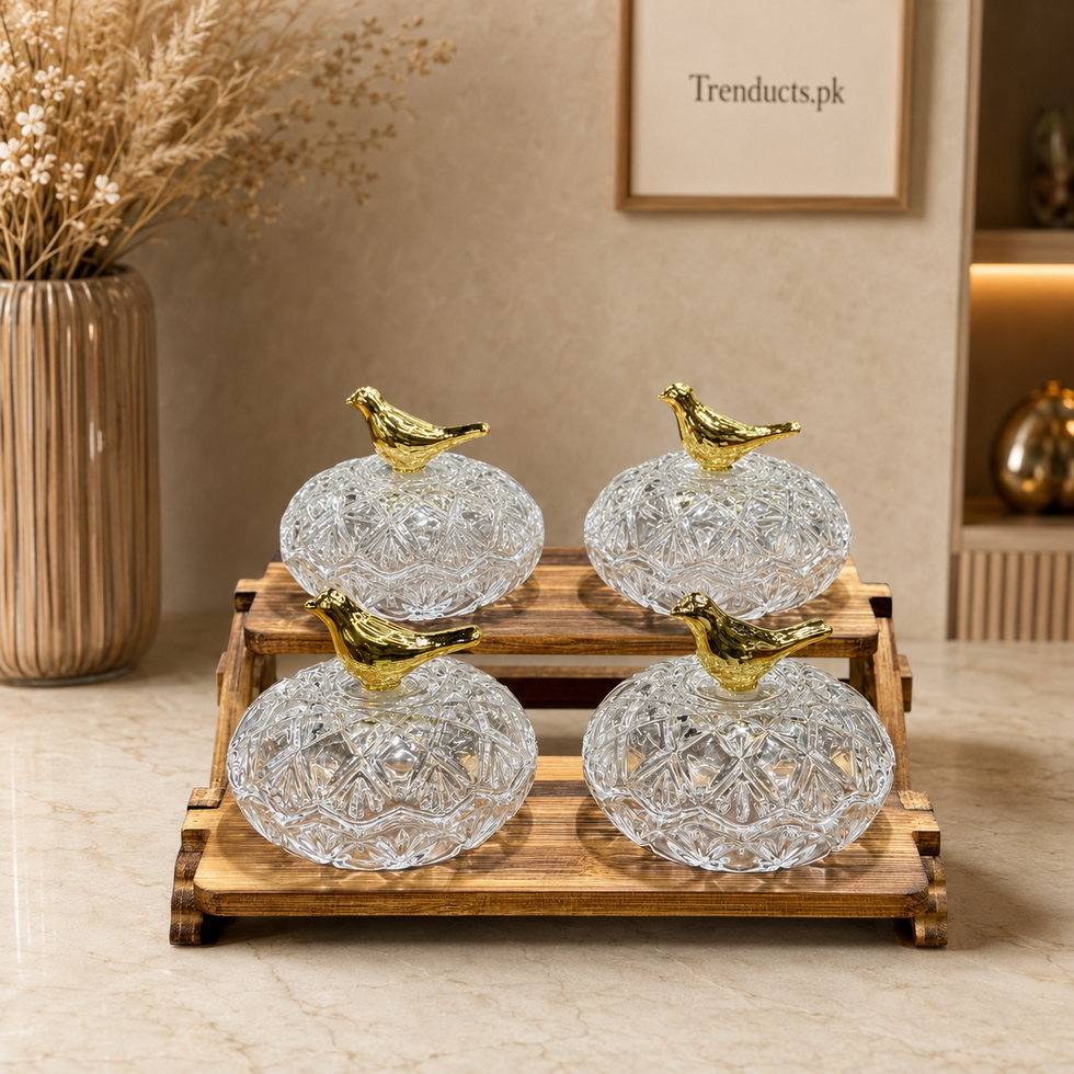 Two-Step Walnut-Finish Dry Fruit Stand with 4 Bowls