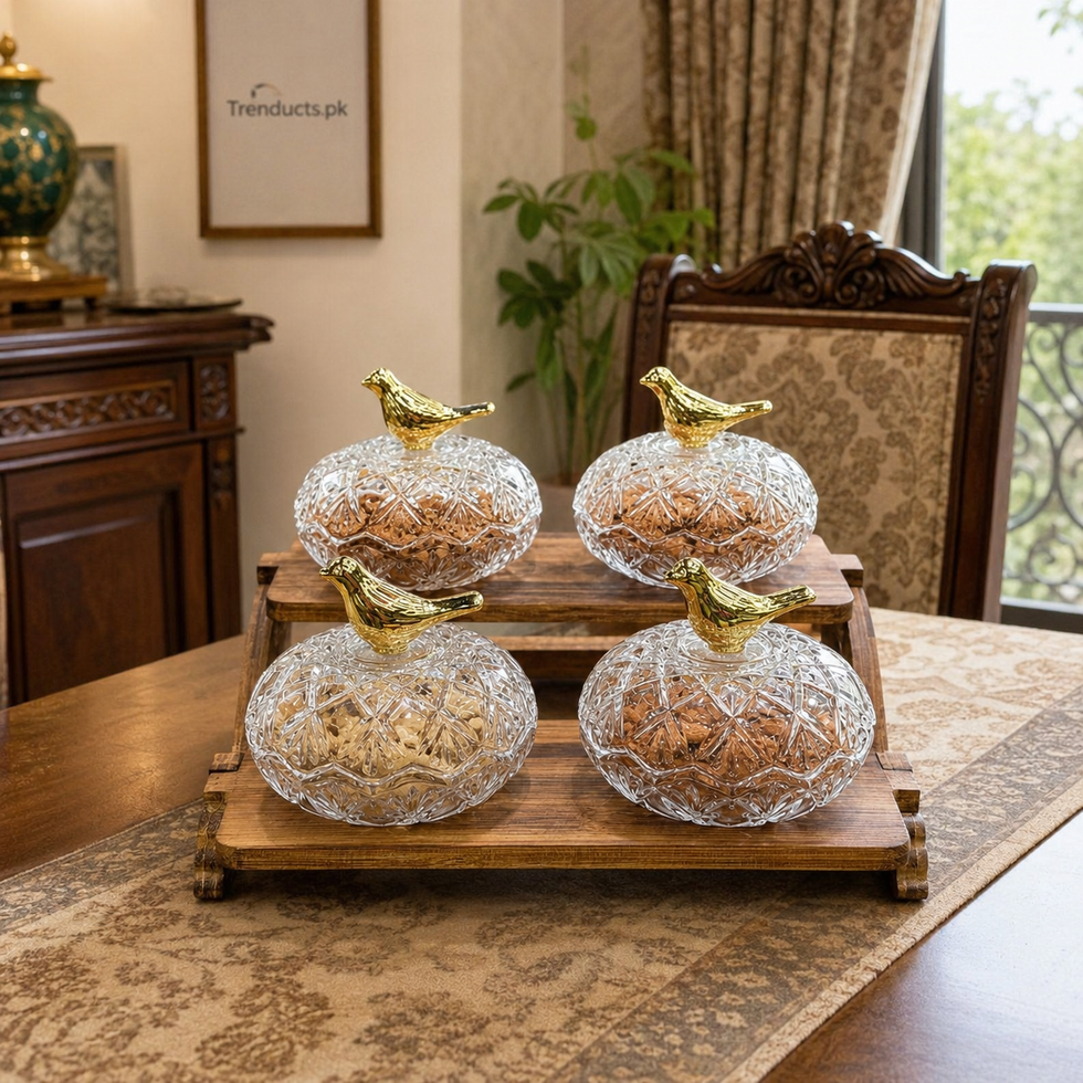 Two-Step Walnut-Finish Dry Fruit Stand with 4 Bowls