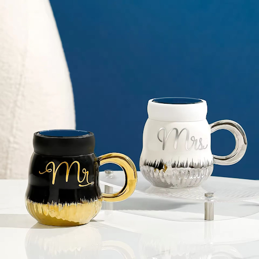 Premium Ceramic Couple Mug | Luxury Mr. & Mrs. Coffee Mug with Gold & Silver Finish (each) - Trenducts.pk