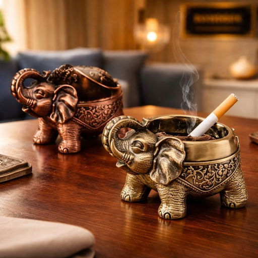 Antique Metal Elephant Standing Ashtray - Windproof Luxury Desktop Ornament - Trenducts.pk