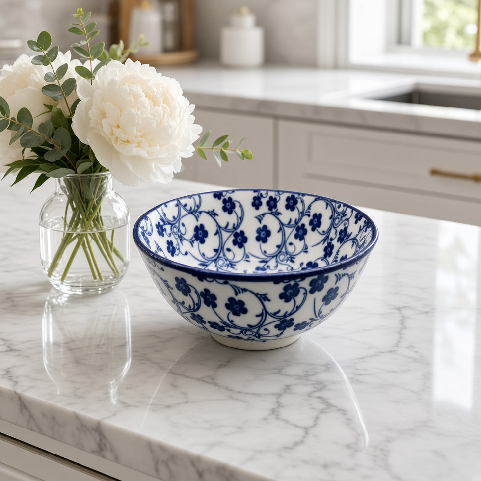 Danny Home Ceramic Bowl - Blue and White Floral Print