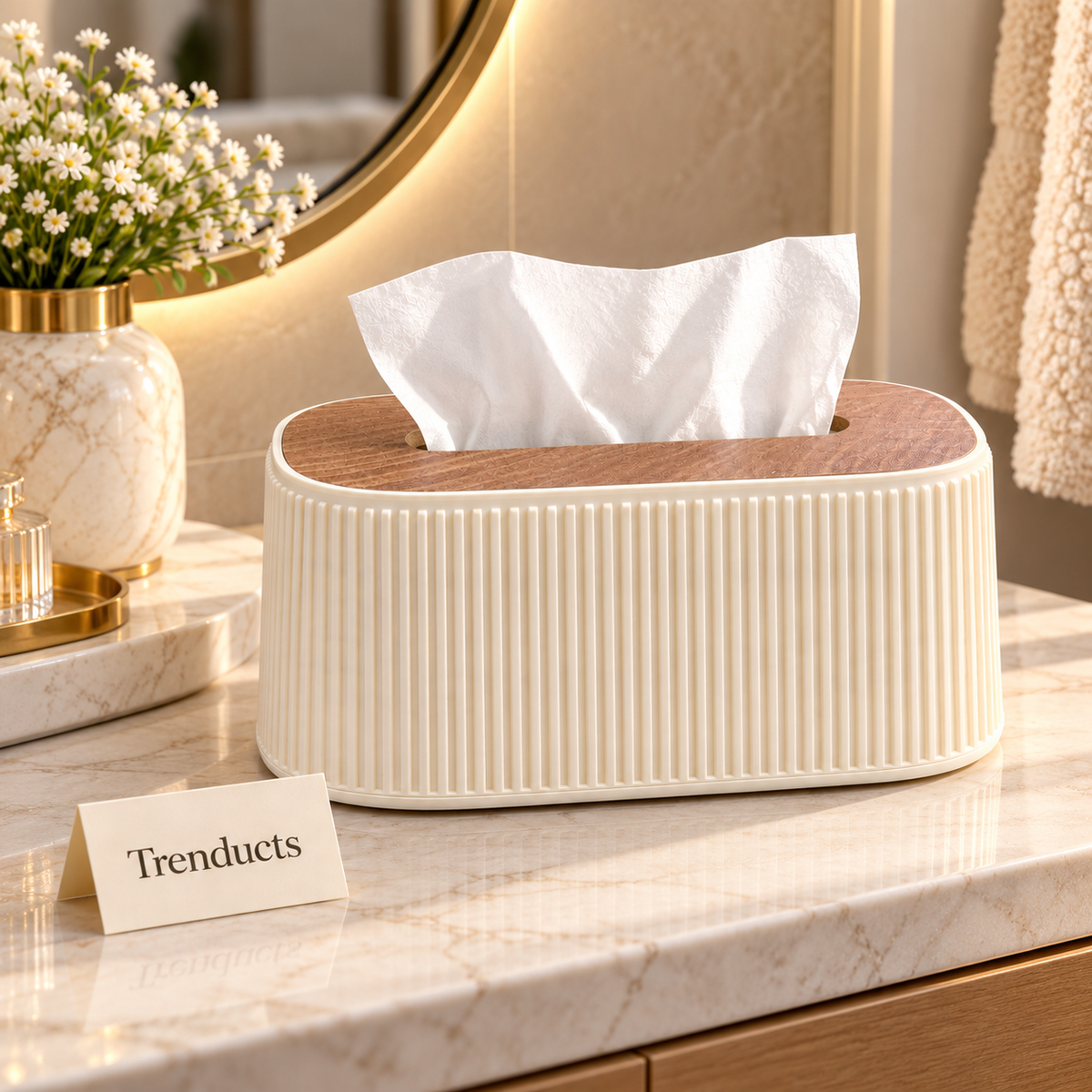 Ribbed Oval Tissue Box Cover - Wood-Look Top