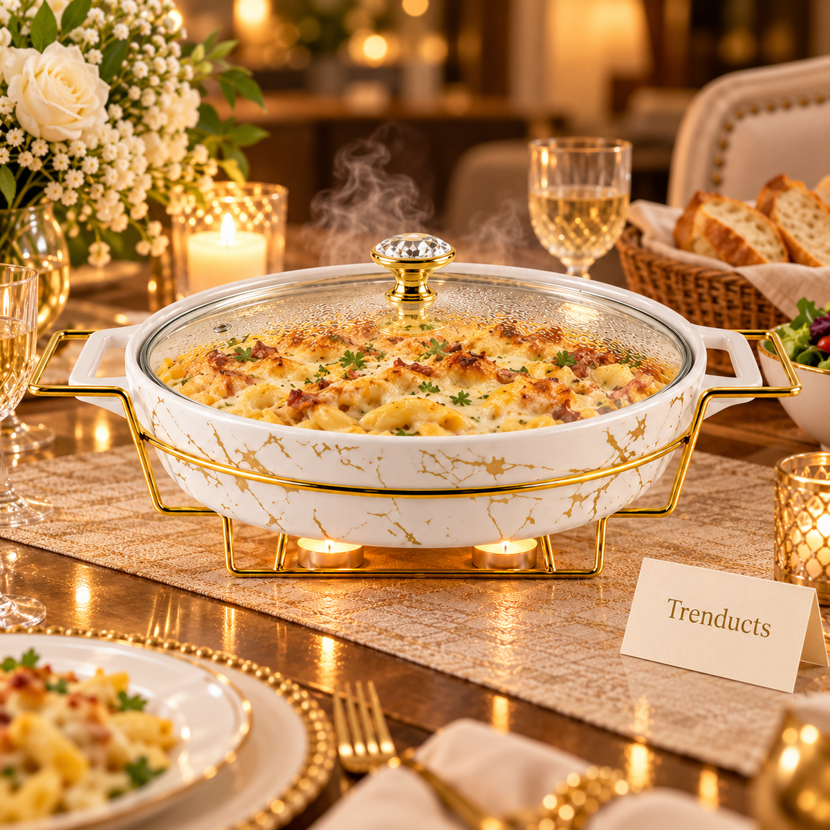 Brilliant Oval Marble Casserole with Gold Stand